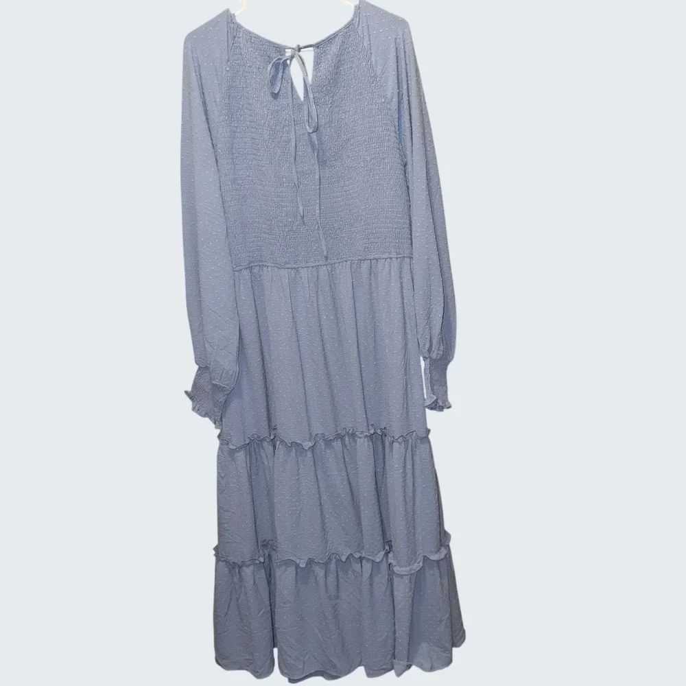 PrettyGarden Blue Swiss Dot Smocked Maxi Dress Long Sleeve Tiered XXL NWT Fairy - Picture 2 of 8